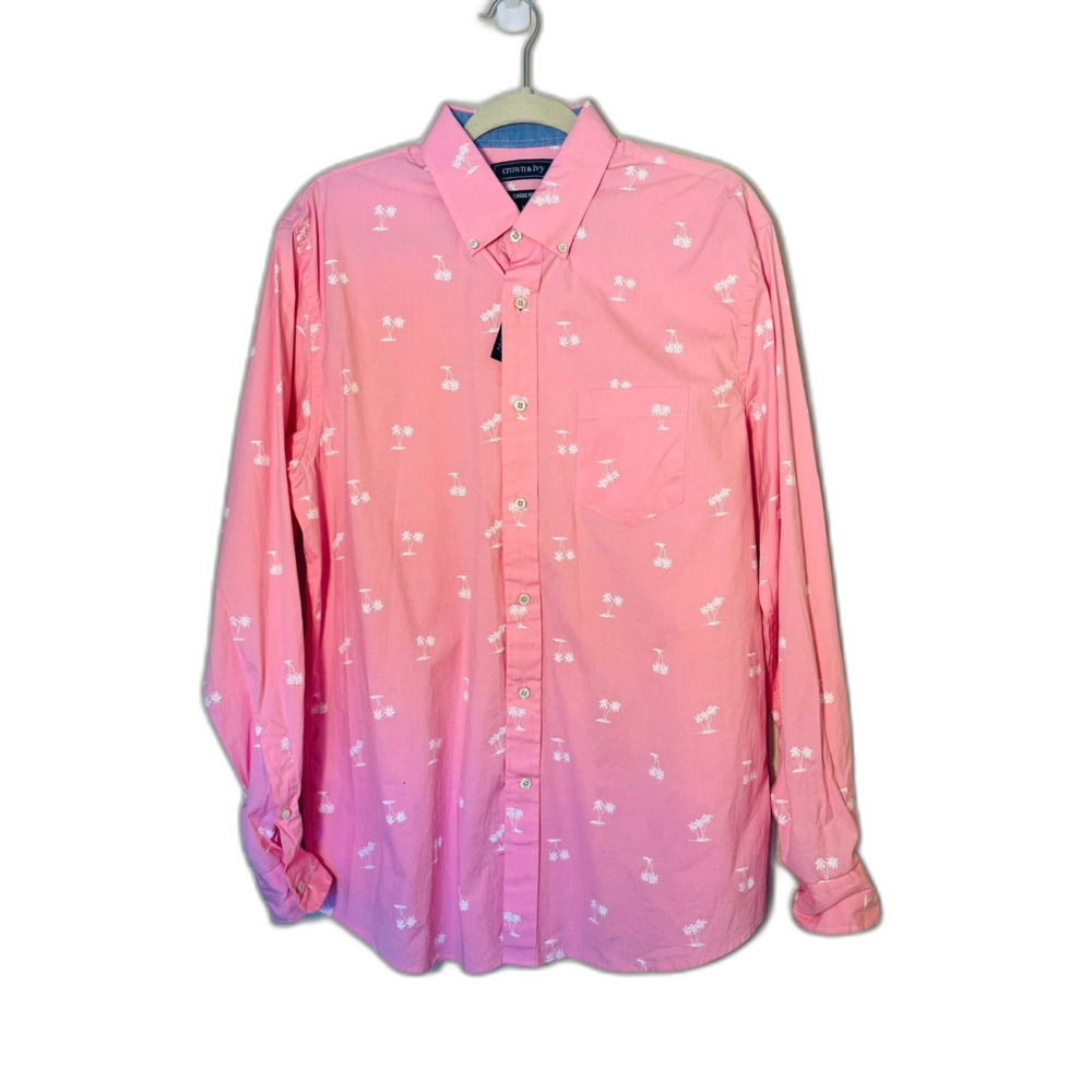 NWT Crown & Ivy Men's Pink Palm Tree Button Up Shirt Large Preppy Beach Coastal